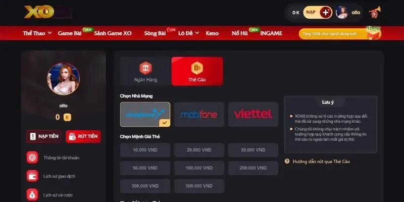 Hướng dẫn cách rút tiền từ nhà cái XO88 sang thẻ cào điện thoại